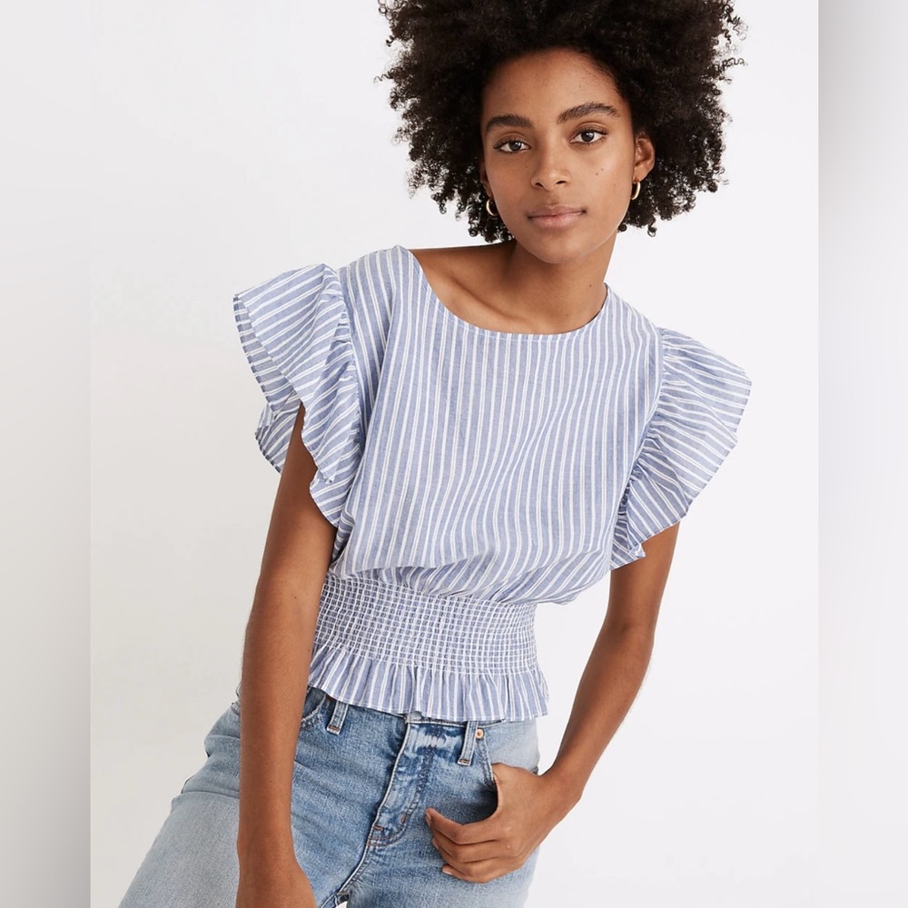 Madewell Flutter-Sleeve Smocked Top in Stripe